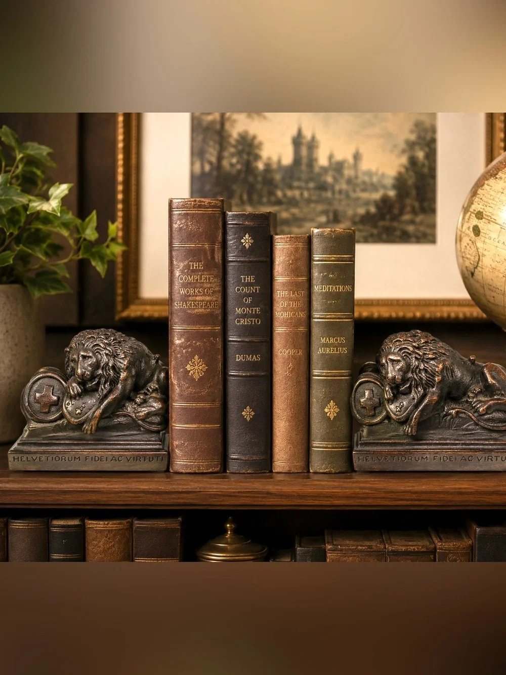 Vintage Mahogany Lion of Lucerne Set of Bookends 